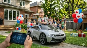 Parent using remote for toy car safety / Parent utilisant la télécommande de sécurité