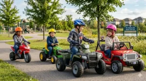 An illustration of children riding motorized toy vehicles in a park, showing the difference between sunny conditions and wet terrain, as featured in the outdoor ride on safety guide 5-8 year olds.