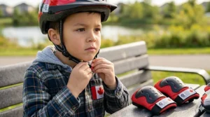 An illustration of a young child adjusting a certified bicycle helmet while looking in a mirror, a key step in the outdoor ride on safety guide for 5-8 year olds.