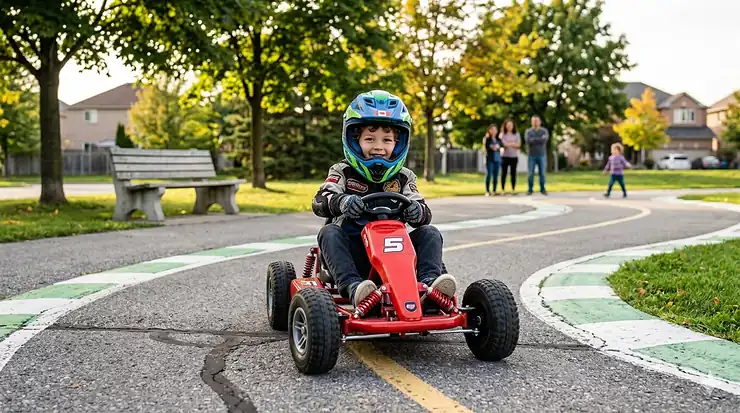 EN: Child playing with a ride-on toy in a Canadian suburban backyard. | FR: Enfant jouant avec un jouet à roulettes dans une cour arrière canadienne. ride on toys under $300 canada 5-8 years
