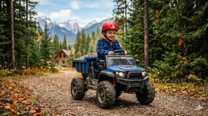A 5-8 year old child driving a rugged heavy duty ride on truck through a scenic Canadian backyard.