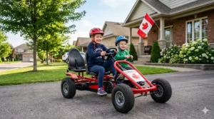 Illustration of a 2 seater pedal go kart for kids (karts à pédales pour enfants) near a Canadian park pavilion.