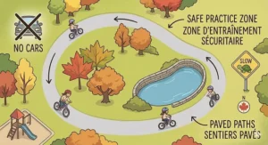 A colorful map-style illustration of a flat, paved Canadian community park path, ideal for kids learning to ride without stabilizers.