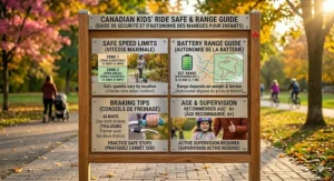 Graphic displaying optimal safe speed limits and battery range for an electric scooter or bike for a 6 year old in Canada.