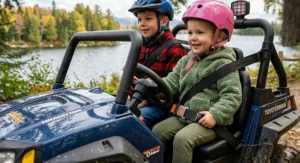 Close-up of safety seat belts on a sturdy all-terrain ride-on vehicle.