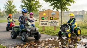A parent and child reviewing a bilingual English and French pre-ride safety checklist graphic, part of the outdoor ride on safety guide 5-8 year olds.