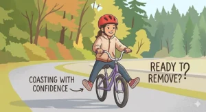 Illustration of a child coasting on a bike with feet up, showing the balance required for removing training wheels according to Canadian safety guides.