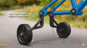 Technical illustration showing the heavy-duty training wheel assembly on a bike for a 5-year-old to ensure balance and stability.