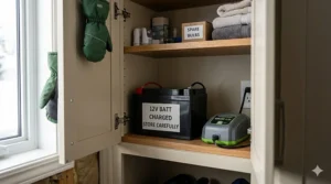 Close-up of an electric ride-on toy battery being stored in a warm indoor cupboard.