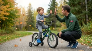 A child’s bicycle with quality kids bike training wheels stored safely in a garage for the Canadian winter season.