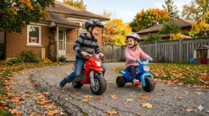 An older and younger child smiling while sharing a fun outdoor ride-on vehicle.