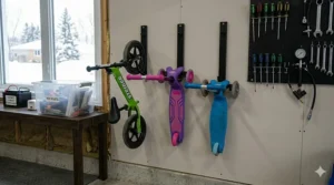 Bikes and scooters hung on vertical wall hooks to save floor space in a garage.