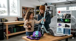 Illustrated guide for Canadian parents on how to properly store a child's electric scooter or bike during cold winter months to protect battery life.
