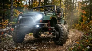 Bright LED headlights on a 24V off-road electric ride-on for kids at dusk.