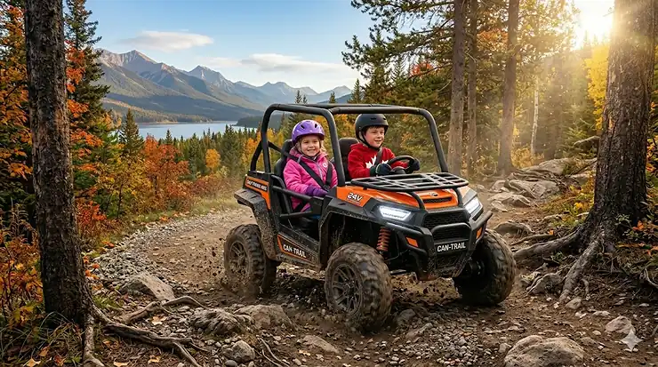 Kids driving 24V electric UTV in Canadian backyard / Enfants conduisant un VUT électrique 24V dans une cour