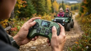 Parent using remote control safety features for a 24V off-road electric ride-on.