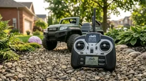 A close-up view of a specialized bilingual English and French parental remote control with an active 2.4GHz antenna, resting on a gravel path near a green 24V ride-on truck.