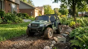 A rugged dark green 24V kids ride-on utility truck navigating a dirt and stone pathway in a residential backyard garden, demonstrating off-road terrain capability.
