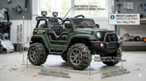 Close-up of treaded all-terrain tires on a 12v ride-on car, built for stable play in various outdoor Canadian environments.