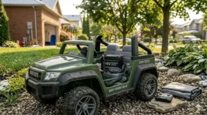 An illustrative guide showcasing proper winter storage for a 24V kids ride-on vehicle, featuring battery removal, maintenance charging, and indoor garage placement in a Canadian suburban setting.