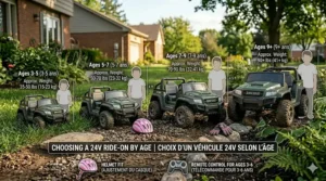 A bilingual English and French size chart illustration comparing various 24V ride-on vehicle sizes, age ranges (3-5 to 9+ years), and child height requirements in a suburban backyard setting.
