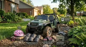 A display of essential safety gear for kids ride-on toys, including a pink and white helmet, knee pads, elbow pads, gloves, and a parental remote control, arranged on a garden path with the vehicle in the background.