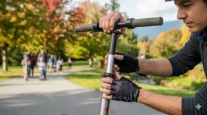 A person wearing safety gloves adjusting the handlebar height mechanism on an electric scooter.