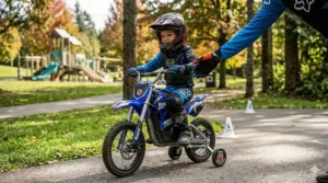 First-time rider learning to use an electric dirt bike for kids.