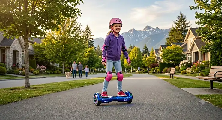 Canadian child wearing protective gear riding a hoverboard for kids on a paved path during sunset, illustrating safety and outdoor fun.