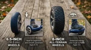 Close-up of durable treaded rubber tires on an off-road hoverboard for kids.
