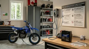 Charging an electric dirt bike battery in a garage / Chargement de la batterie d'une moto électrique dans un garage