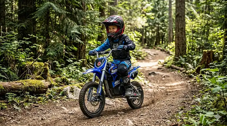 Child riding an electric dirt bike for kids on a Canadian trail.