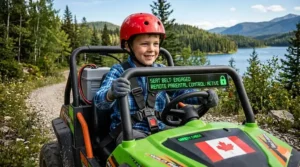 Safety harness on an electric dune buggy for kids | Harnais de sécurité sur un kart de plage électrique pour enfants.