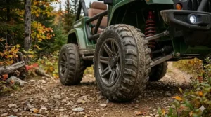 Durable EVA rubber tires on a 24V off-road electric ride-on for kids.