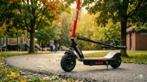 An illustration focusing on the high-efficiency battery pack and charging port of the electric scooter for kids 8-12. / Une illustration se concentrant sur le bloc-batterie haute efficacité et le port de charge de la trottinette électrique pour enfants de 8 à 12 ans.
