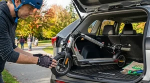 A person folding an electric scooter and placing it into the cargo area of an SUV.