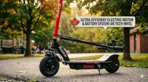 A technical diagram illustration highlighting key specifications of the electric scooter for kids 8-12, including battery and frame. / Un diagramme technique illustrant les principales spécifications de la trottinette électrique pour enfants de 8 à 12 ans, y compris la batterie et le cadre.
