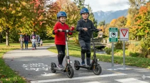 Parent folding an electric scooter for easy storage in a car trunk.