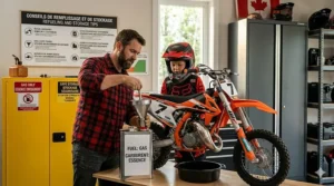 Safe fuel storage and refueling tips for gas dirt bikes / Conseils pour le stockage et le remplissage sécuritaire des motos à essence