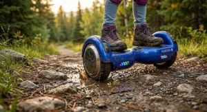 Durable hoverboard for kids navigating a paved park path.