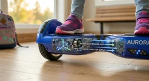 A high-detail photorealistic illustration showing the internal gyroscopic sensors and self-balancing technology overlay of a hoverboard for kids.