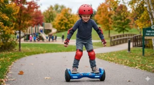 Child learning to keep balance on a hoverboard with adult supervision.