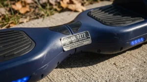 Close-up of a UL 2272 safety certification sticker on the base of a hoverboard.
