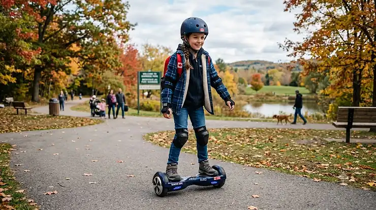Child wearing helmet and pads safely riding a UL 2272 certified hoverboard in a Canadian park. how to choose a safe hoverboard for kids