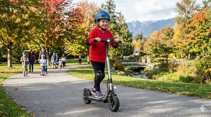 A child wearing a safety helmet riding an electric scooter on a paved Canadian suburban street. how to choose an electric scooter for kids