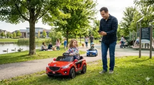 Children driving ride on car with app control in a Canadian park