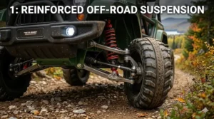 Close-up of heavy-duty suspension on a 24V off-road electric ride-on for kids.