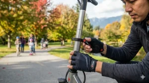 A person using gloved hands to engage the locking latch on the stem of an electric scooter for height adjustment.