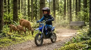 Child enjoying a quiet ride on an electric dirt bike for kids.