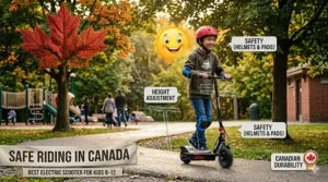 A safety infographic illustration showing a kid wearing a helmet and pads while riding an electric scooter for kids 8-12. / Une illustration infographique sur la sécurité montrant un enfant portant un casque et des protège-coudes tout en conduisant une trottinette électrique pour enfants de 8 à 12 ans.